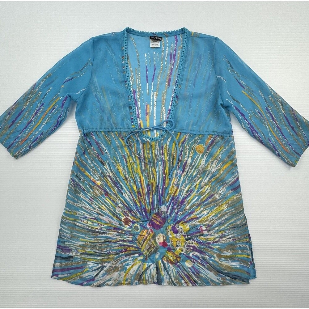 Ingear Sheer Swim Cover Up Tunic Y2K Boho Blue Abstract Beach Kaftan